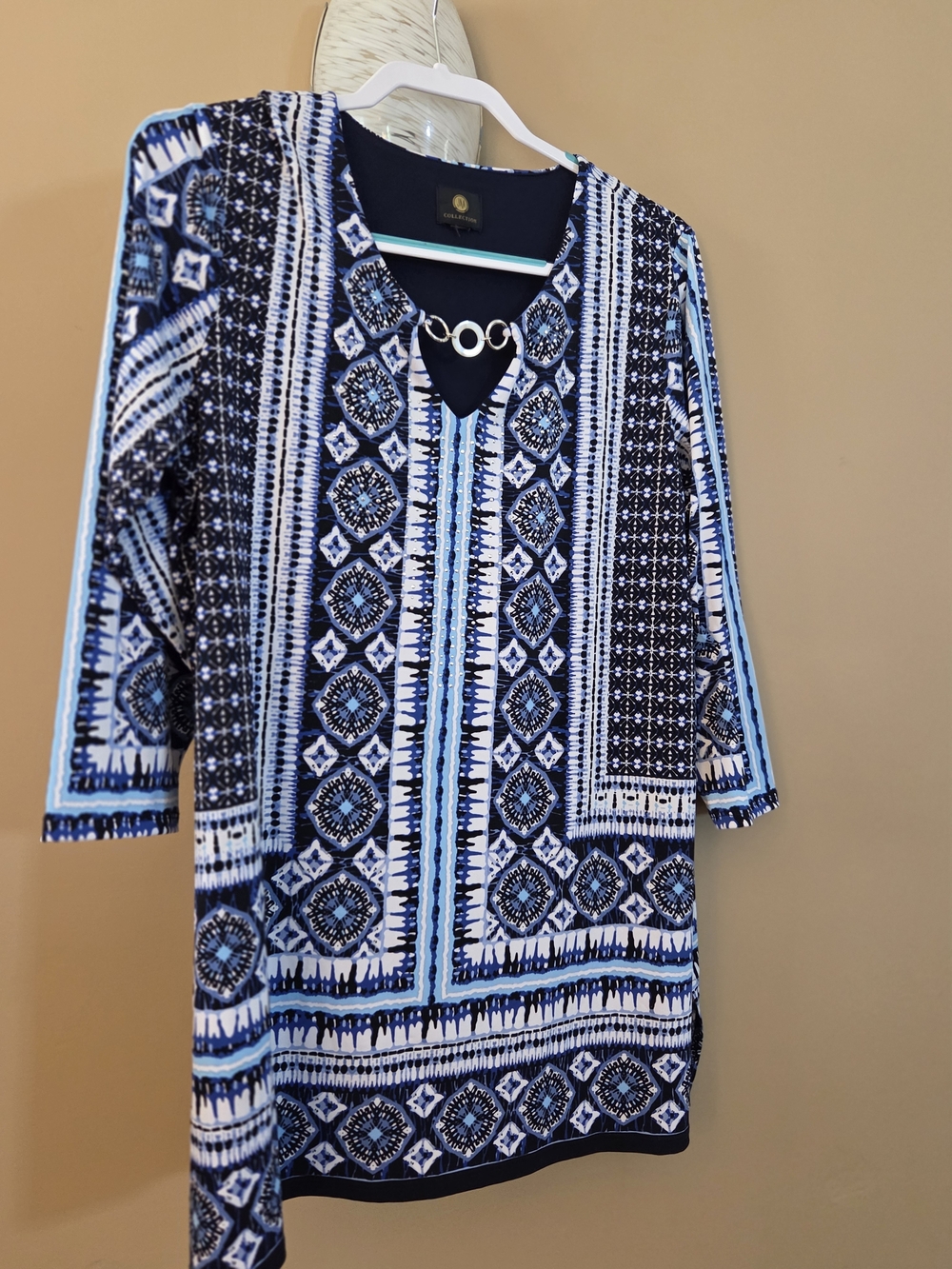 JM Collection Blue and White Geometric Ring-Detail Tunic